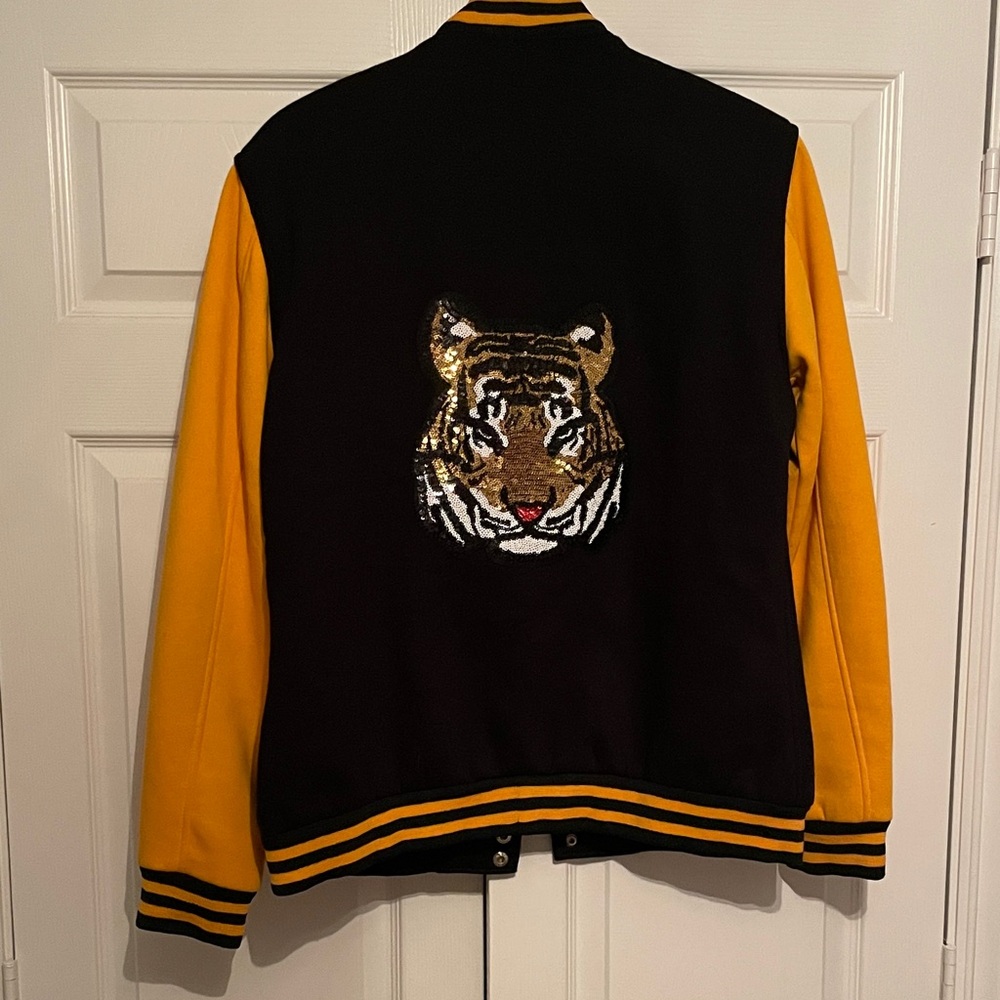 Black and Yellow Varsity Jacket with Tiger Design